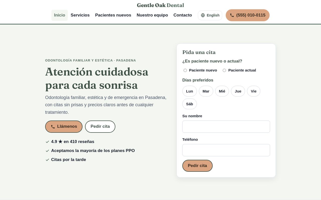Página de inicio del ejemplo Gentle Oak Dental: fondo verde suave, título con letra serif y un formulario para pedir cita