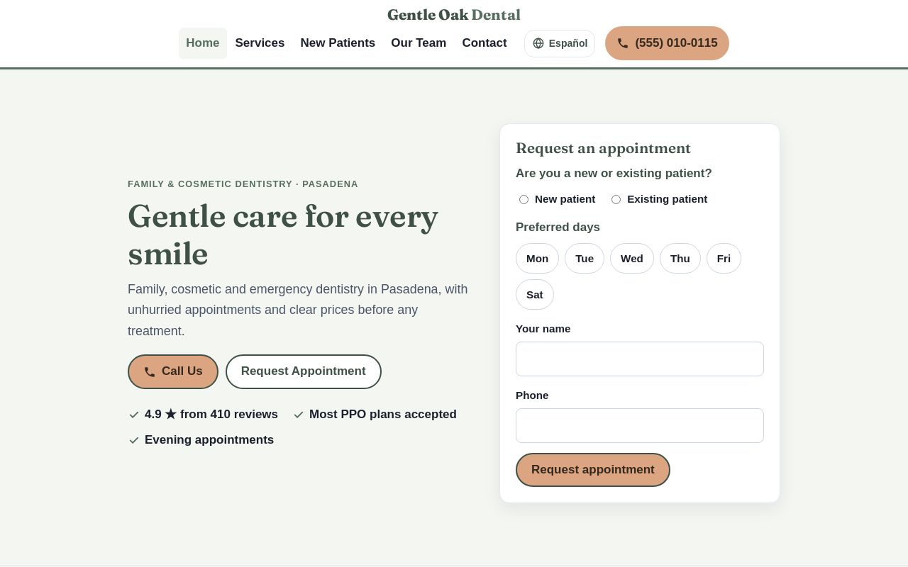 Gentle Oak Dental sample home page: soft sage background, serif headline and an appointment request form