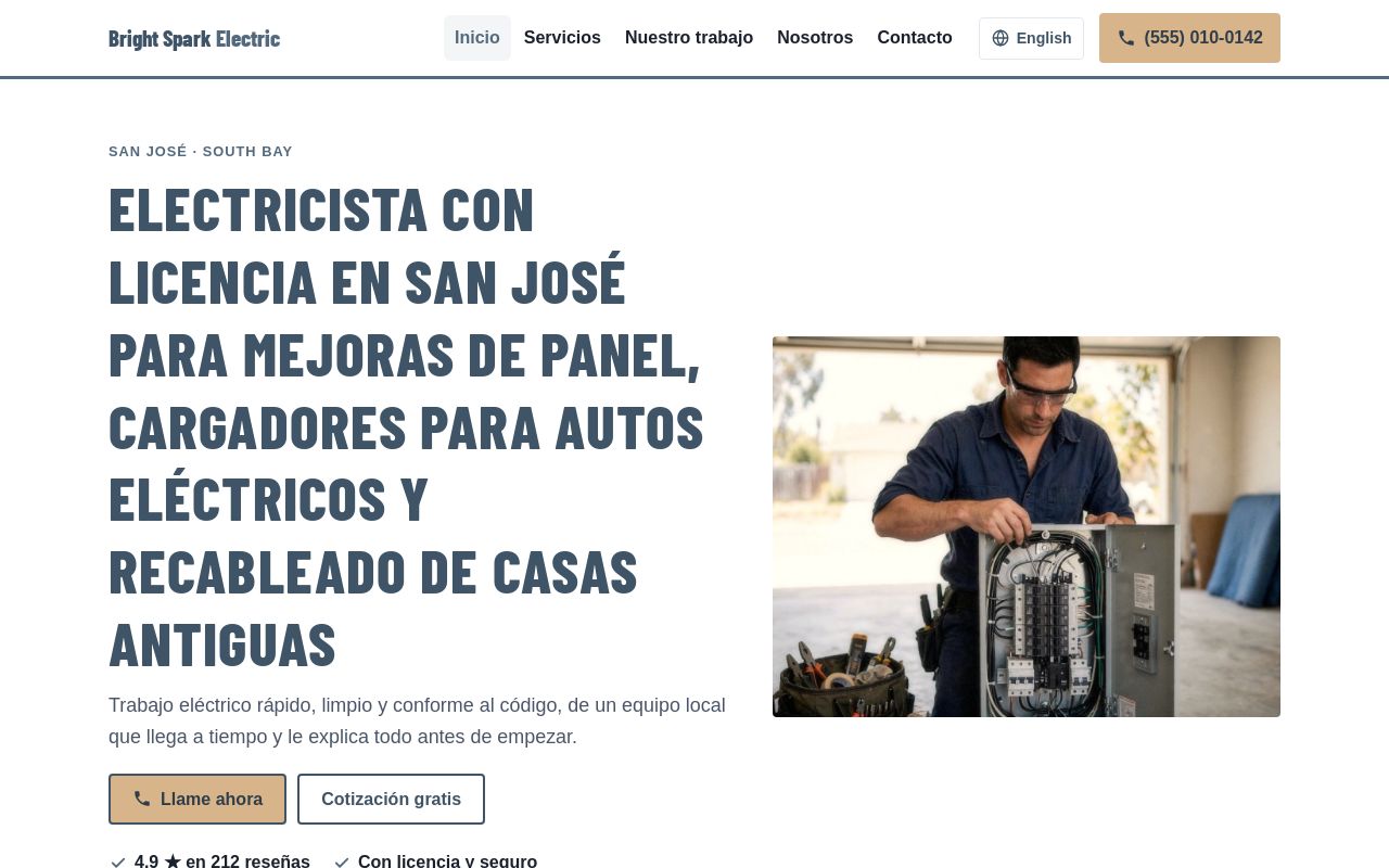 Página de inicio del ejemplo Bright Spark Electric: encabezado claro, título en mayúsculas y foto de un electricista frente a un panel