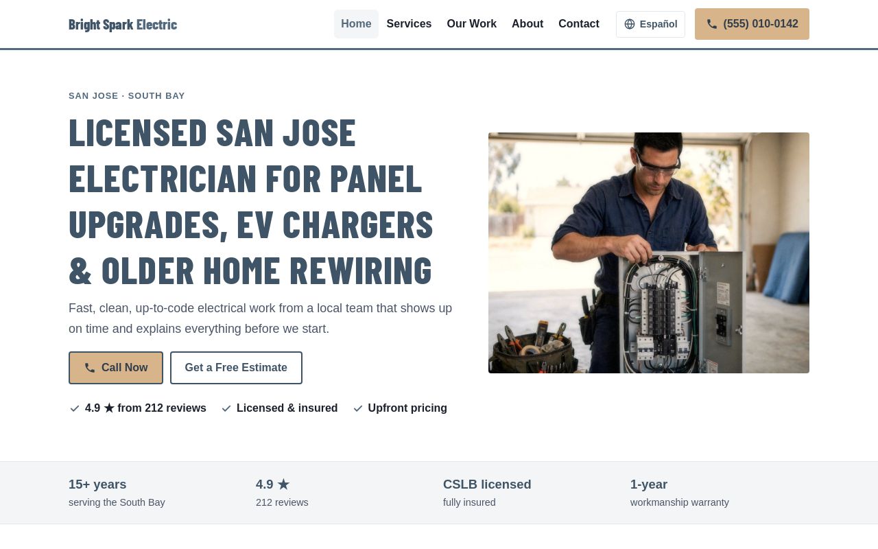 Bright Spark Electric sample home page: light header, condensed uppercase headline and a photo of an electrician at a panel