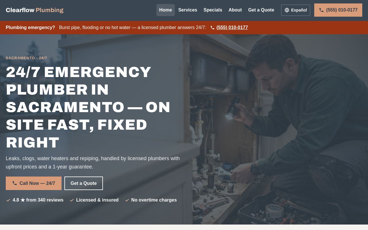 Clearflow Plumbing sample home page: dark header, orange emergency banner and a full-width photo of a plumber under a sink